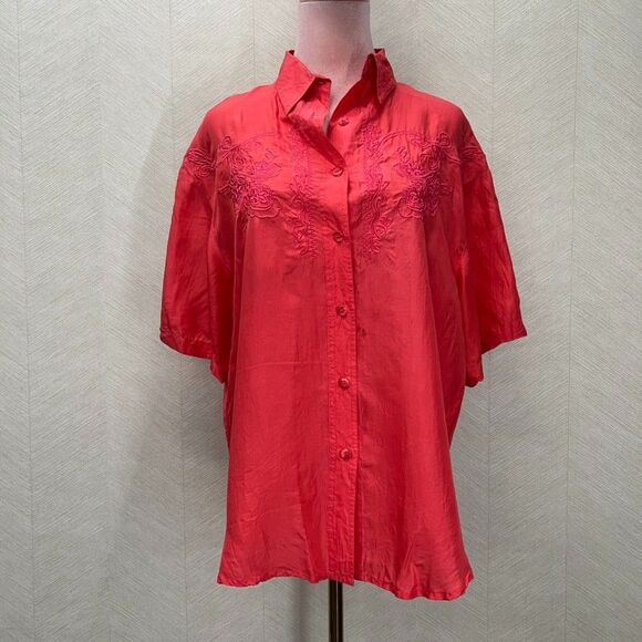 Marnie West Silk Embroidered Short Sleeve Red Button Up Shirt Womens Size M - Picture 1 of 10